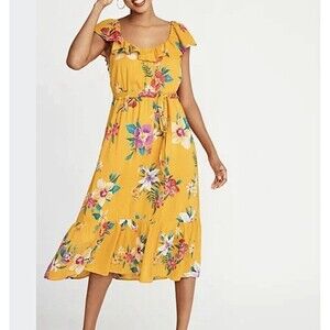 Festive Ruffle Trim Midi Dress Gold Floral Hawaiian print Tie Belt
